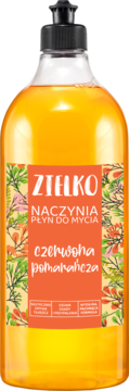 Zielko ekologiczny płyn do naczyń Czerwona Pomarańcza w przezroczystej butelce z pompką, widok z przodu, pomarańczowy płyn i etykieta.
