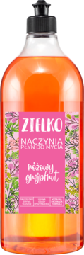 Zielko Różowy Grejpfrut płyn do naczyń, pomarańczowy płyn w przezroczystej butelce, różowa etykieta, przód.