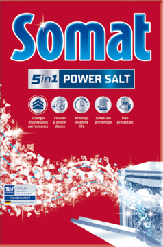 Czerwone opakowanie Somat 5w1 Power Salt do zmywarki. Niebieskie logo, kryształki soli. Chroni naczynia i sprzęt.