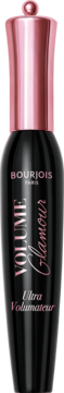 Czarny tusz Bourjois Volume Glamour Ultra Volumateur, z różowo-złotą zakrętką, widok z przodu.