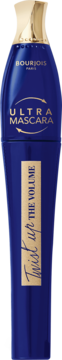 Bourjois Twist Up The Volume, niebieski tusz do rzęs w profilowanej butelce z złotą nakrętką, widok z przodu.