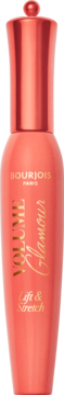 Tusz do rzęs Bourjois Volume Glamour Lift & Stretch, pionowo ustawiona koralowa butelka z złotymi napisami.