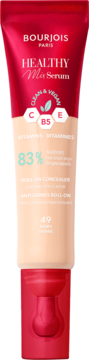 Bourjois Healthy Mix Serum roll-on concealer, red tube with peach label, front view, highlighting vitamins.
