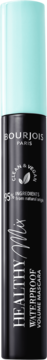 Czarny wodoodporny tusz Bourjois Healthy Mix z turkusową zakrętką, widok z przodu, z napisem 95% składników naturalnych.