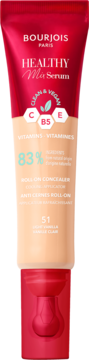 Bourjois Healthy Mix Serum Roll-On Concealer, czerwona tubka z beżową częścią, witaminy C, B5, E, odcień 51. Widok z przodu.