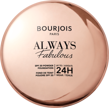 Bourjois Always Fabulous puder do twarzy z SPF 20 w okrągłym różowozłotym kompakcie, widok z góry.