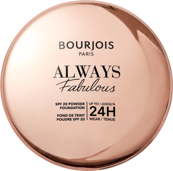 Bourjois Always Fabulous, matujący podkład w pudrze SPF 20, okrągła puderniczka w odcieniu różowego złota, widok z góry.