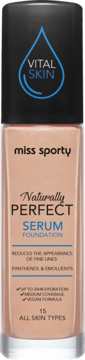 Beżowy podkład serum Miss Sporty Naturally Perfect w szklanej butelce, czarna pompka, widok z przodu.