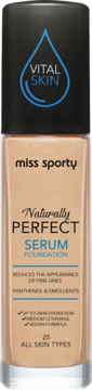 Beżowy podkład do twarzy Miss Sporty Naturally Perfect Serum, w szklanej butelce z czarną nakrętką, widok z przodu.