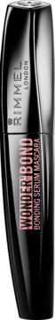 Czarna maskara Rimmel Wonder Bond z bonding serum, pionowa tuba z różowym napisem, wydłużająca rzęsy.
