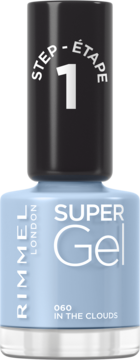 Rimmel Super Gel lakier 060 In The Clouds, błękitna butelka z czarną nakrętką Step 1, widok z przodu.