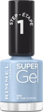 Rimmel Super Gel lakier 060 In The Clouds, błękitna butelka z czarną nakrętką Step 1, widok z przodu.