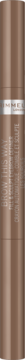 Zamazana, brązowa, dwustronna kredka Rimmel Brow This Way 01 blonde, pionowy widok z przodu.