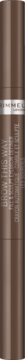 Kredka Rimmel Brow This Way 02 medium brown, brązowa, z metalicznym połyskiem i srebrnym pasem. Widok z przodu.