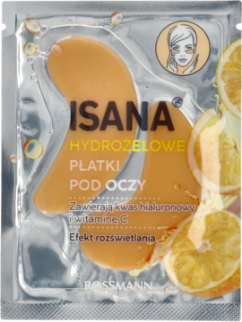 Isana hydrożelowe płatki pod oczy z witaminą C, w srebrnej saszetce z grafiką pomarańczy, widok z przodu.