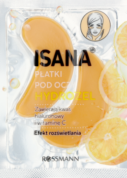 Srebrna saszetka Isana Płatki pod Oczy Hydrożel z witaminą C, widoczne pomarańczowe płatki, cytrusy.