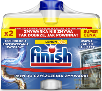 Dwupak Finish Płyn do czyszczenia zmywarki Lemon, żółto-niebieska etykieta, usuwa kamień i tłuszcz.