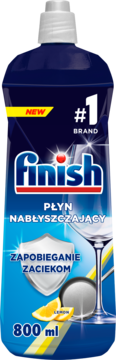 Niebieska butelka Finish Płyn nabłyszczający 800 ml z cytryną, widok z przodu. Zapewnia połysk i eliminuje zacieki.