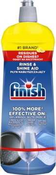 Finish Rinse & Shine Aid, żółto-niebieska butelka, widok z przodu. 100% lepsze efekty schnięcia, usuwa zacieki.