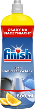 Finish Płyn Nabłyszczający 800ml, cytrynowy, żółto-niebieska butelka, front, usuwający zacieki.