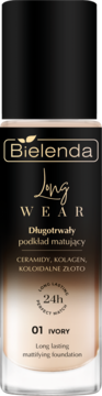 Bielenda Long Wear 01 Ivory, długotrwały podkład matujący w szklanej butelce z czarnym korkiem, widok z przodu.