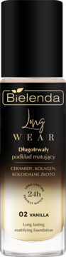 Bielenda Long Wear matujący podkład w odcieniu 02 Vanilla. Czarna butelka ze złotymi napisami, widok z przodu.