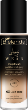 Bielenda Long Wear matujący podkład w szklanej butelce, odcień 03 Light Beige, widok z przodu.