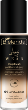 Matujący podkład do twarzy Bielenda Long Wear 04 Natural Beige w szklanej butelce, widok z przodu.