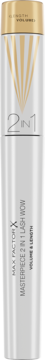 Biała maskara Max Factor Masterpiece 2in1 Lash Wow, widok z przodu, złota nakrętka z napisem 2IN1.