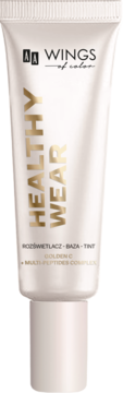 Biała tuba AA Wings of Color Healthy Wear Glow Mixer 3w1 z złotym napisem, widok z przodu. To rozświetlacz, baza i tint z Golden C.