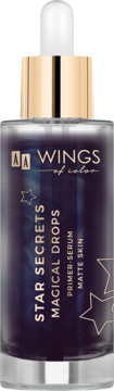 Matująca baza-serum AA Wings of Color Magical Drops Matte Skin w ciemnej butelce ze złotym kroplomierzem, widok z przodu.
