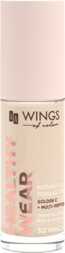 Rozświetlający podkład AA Wings of Color Healthy Wear, odcień 302 Vanilla, w beżowej butelce z jasnoróżową zakrętką.