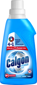Niebieski żel do czyszczenia pralki Calgon 4w1 Power Gel, widok z przodu, białe napisy i grafika wody.