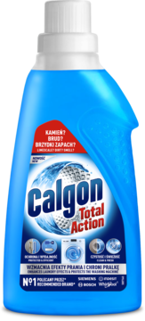 Calgon Total Action skoncentrowany żel do pralki w niebieskiej butelce, widok z przodu. Chroni przed kamieniem i brudem.