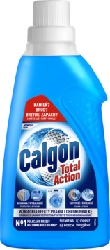 Niebieski Calgon Total Action, skoncentrowany żel do pralki, chroniący przed kamieniem i brudem, widok z przodu.