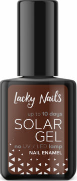 Lacky Nails Solar Gel, brązowy lakier do paznokci bez lampy UV, widok z przodu, butelka z czarną nakrętką.