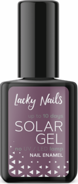 Ciemnofioletowy lakier Lacky Nails Solar Gel, butelka, widok z przodu, napis 'no UV/LED lamp'.