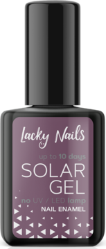 Fioletowy lakier Lacky Nails Solar Gel nr 17 smoke show, bez lampy UV, z czarną nakrętką, widok z przodu.
