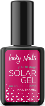 Lakier do paznokci Lacky Nails Solar Gel w czarnej butelce z fuksjową etykietą, widok z przodu, bez lampy UV.
