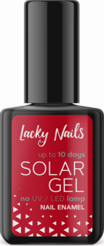 Czerwony lakier Lacky Nails Solar Gel do 10 dni, bez lampy UV/LED, w czarnej butelce, widok z przodu.