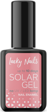 Butelka koralowego lakieru do paznokci Lacky Nails Solar Gel, widok z przodu, czarna nakrętka.