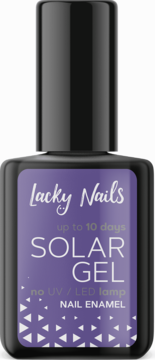 Fioletowy lakier Lacky Nails Solar Gel do paznokci, butelka z czarną nakrętką, widok z przodu. Nie wymaga lampy UV.