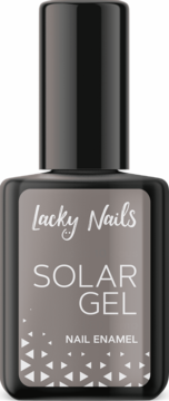 Szary lakier do paznokci Lacky Nails Solar Gel nr 27 moonstone, widok z przodu, butelka z czarną nakrętką.
