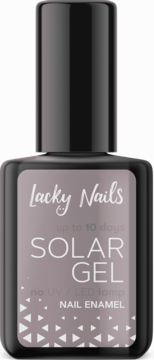 Szary lakier Lacky Nails Solar Gel Nail Enamel, czarna butelka, front, utwardzany światłem słonecznym.