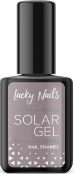 Szary lakier do paznokci Lacky Nails Solar Gel, utwardzany słońcem, butelka z czarną nakrętką, widok z przodu.