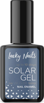 Niebieski lakier do paznokci Lacky Nails Solar Gel w ciemnej butelce, widok z przodu. Etykieta: "no UV/LED lamp".