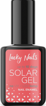Lakier do paznokci Lacky Nails Solar Gel z koralową etykietą, utwardzany słońcem, bez lampy UV.
