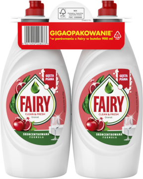 Zestaw Fairy o zapachu granatu 2x900ml: dwie białe butelki płynu do naczyń, czerwone etykiety, przód.