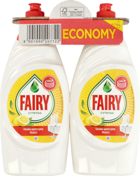 Dwie butelki płynu Fairy Original cytryna w zestawie ekonomicznym. Widok z przodu, białe opakowania z żółtą etykietą.