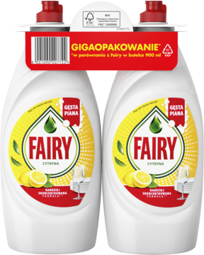 Zestaw dwóch płynów do mycia naczyń Fairy Cytryna 900 ml, skoncentrowana formuła, widok z przodu.